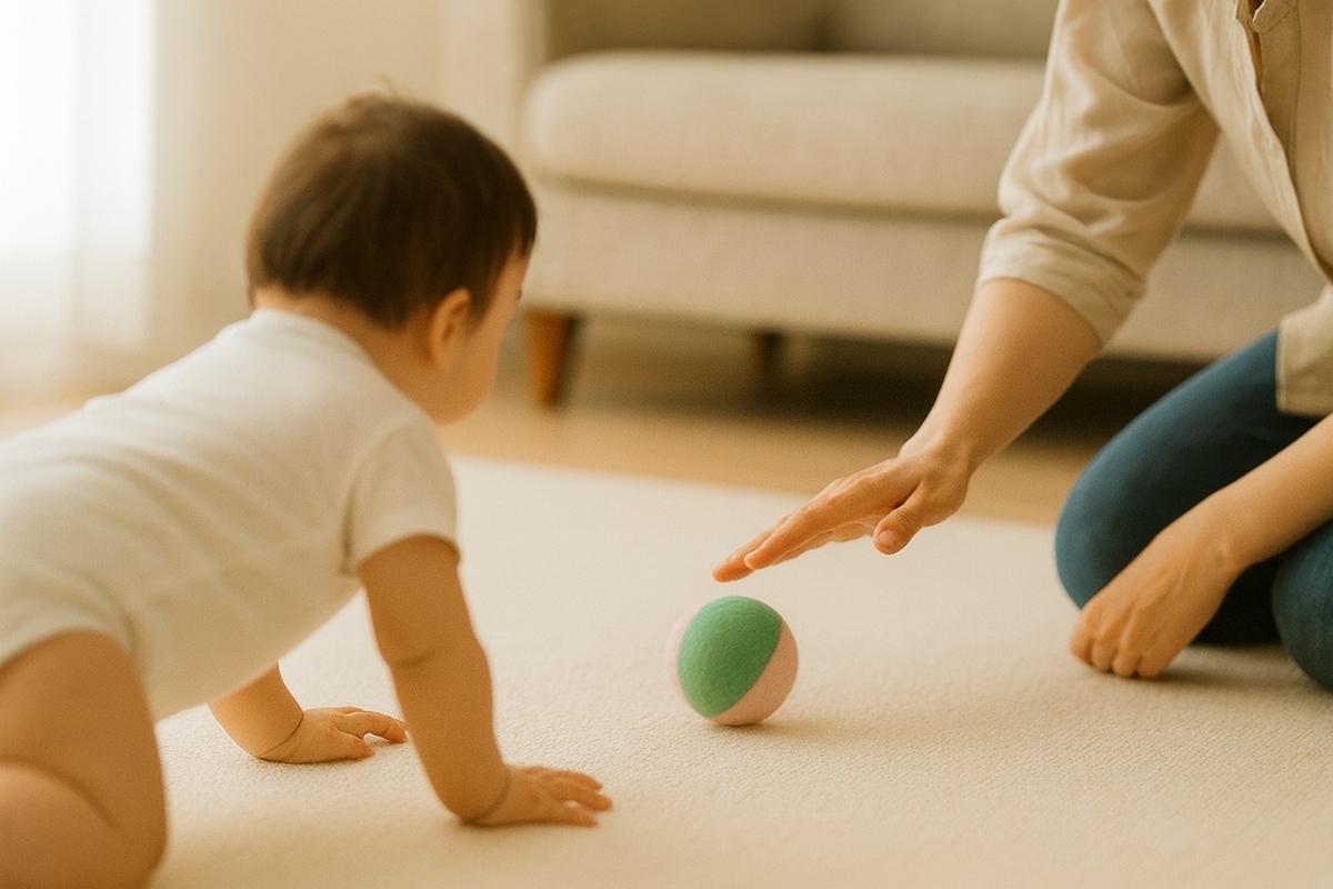 6〜11か月の子どもと親がボールを転がして受け渡す様子