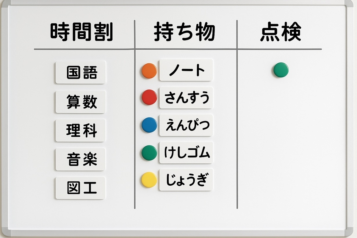 時間割・持ち物・点検の3列で構成した見える化ボードの使用例