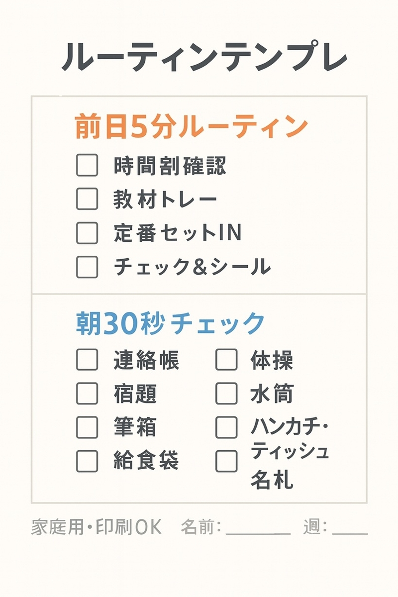 前日5分の準備手順と朝30秒の持ち物チェックをまとめたテンプレート