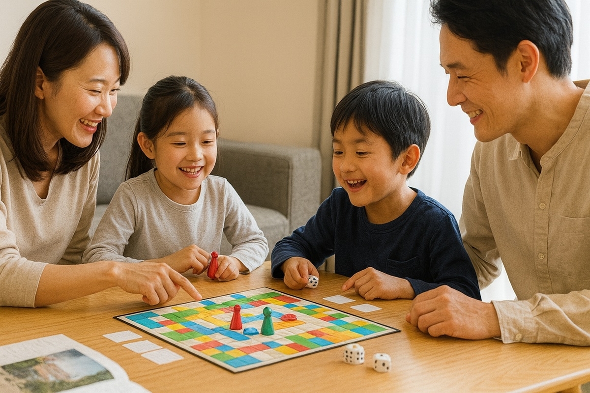 冬休みの室内あそび:親子でボードゲームとパズルに取り組む様子(2025-26)
