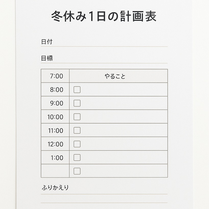 無料プリントA4の紙面サンプル:冬休み1日の計画表とチェック欄
