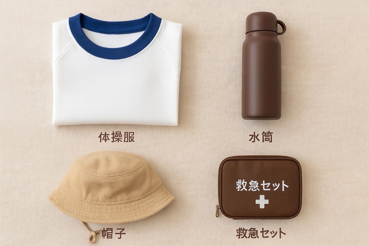 運動会の前日にそろえる持ち物のフラットレイ(体操服・水筒・帽子・救急セット)