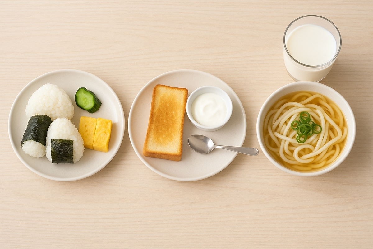 運動会当日の朝食例(おにぎり+卵、パン+ヨーグルト、うどん+牛乳)
