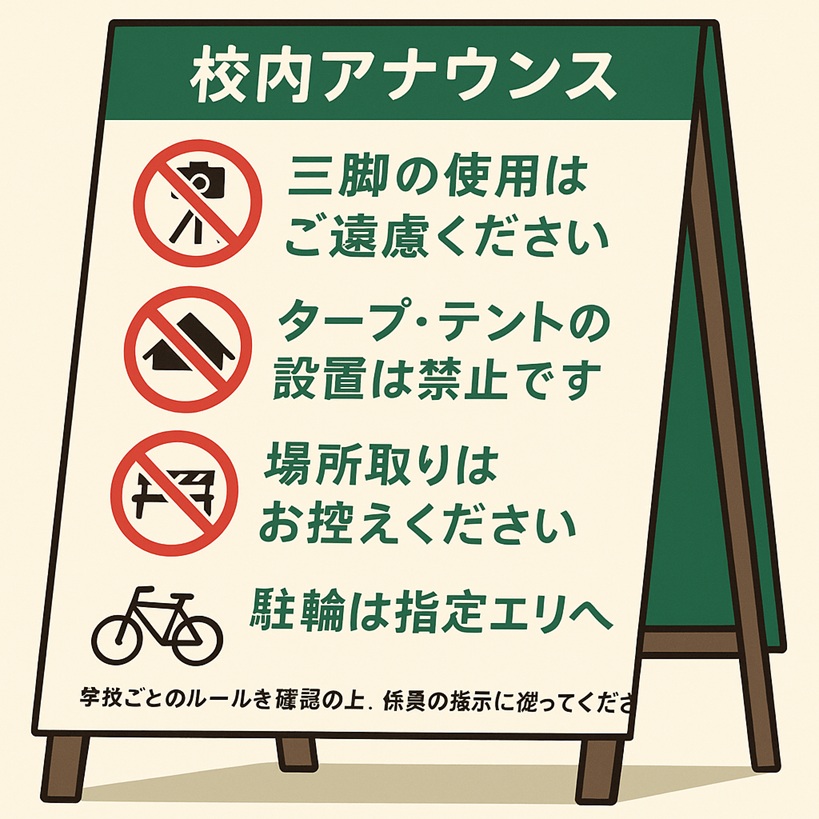運動会の学校ルール(三脚・タープ・場所取り・駐輪の確認イメージ)