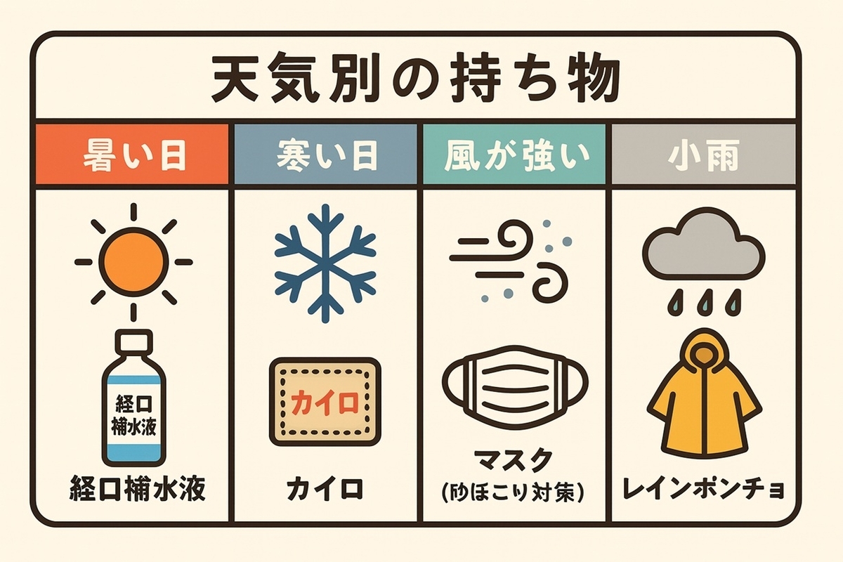 気象別の持ち物:暑い日は経口補水、風は砂ぼこり対策マスク、小雨はレインポンチョ