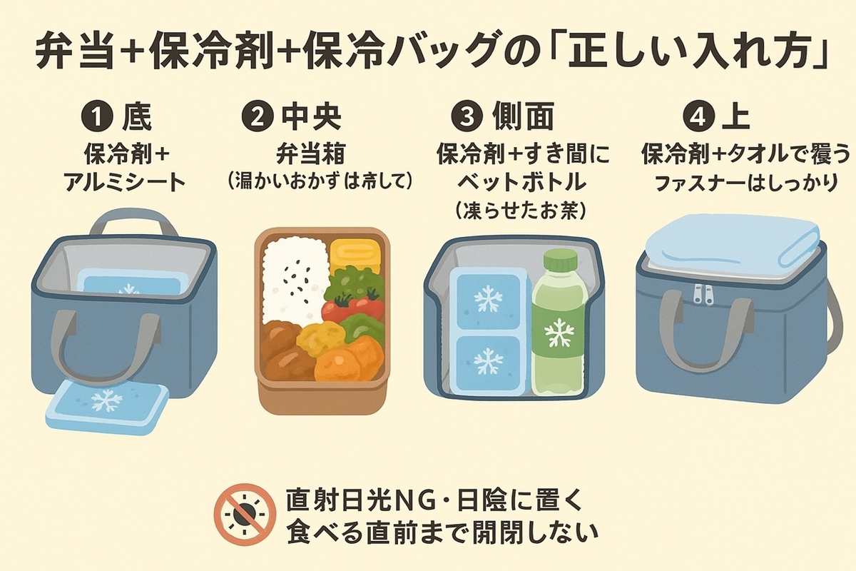 運動会のお弁当を衛生的に保つ保冷の入れ方イメージ