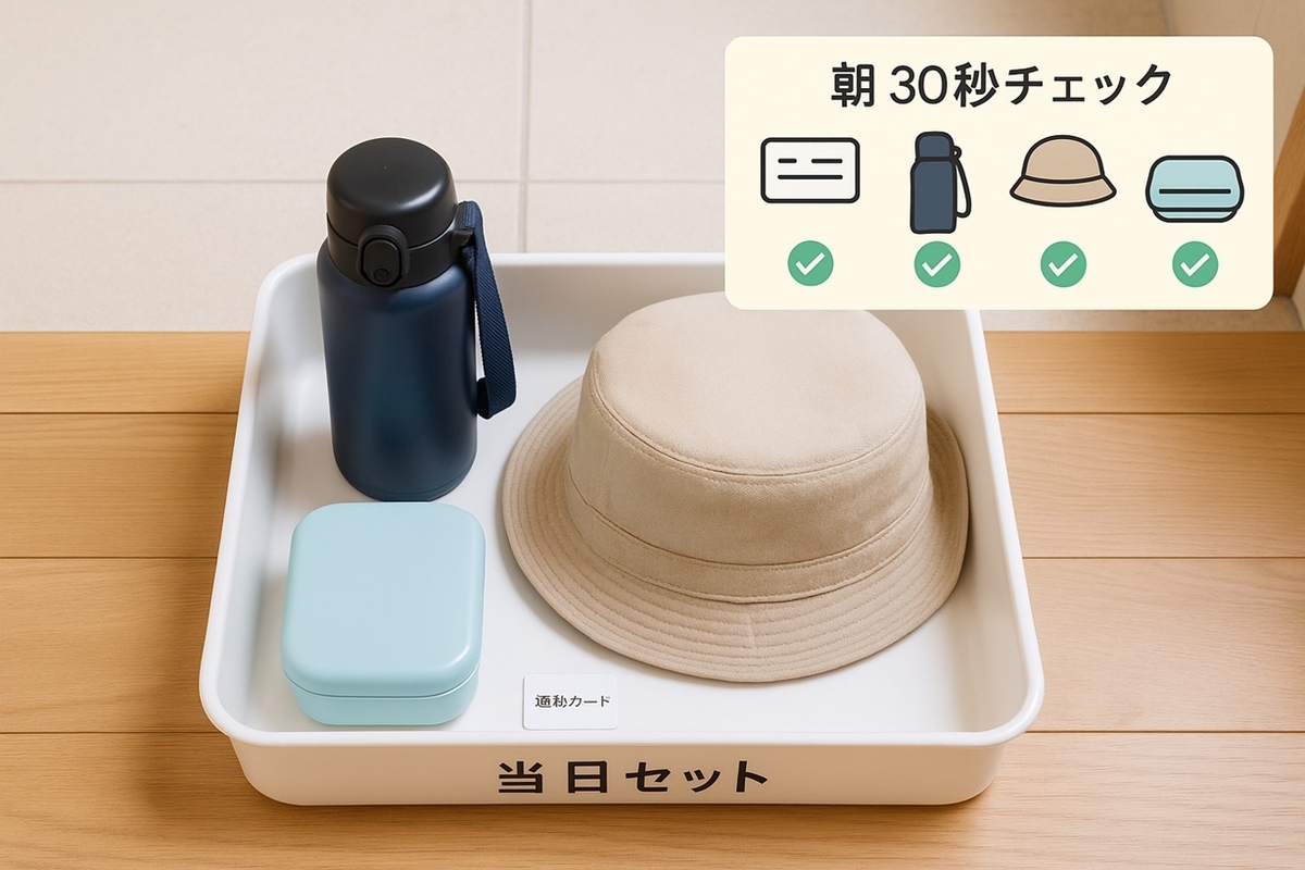 遠足前夜の玄関トレー運用と当日の朝30秒チェック(連絡カード・水筒・帽子・弁当)