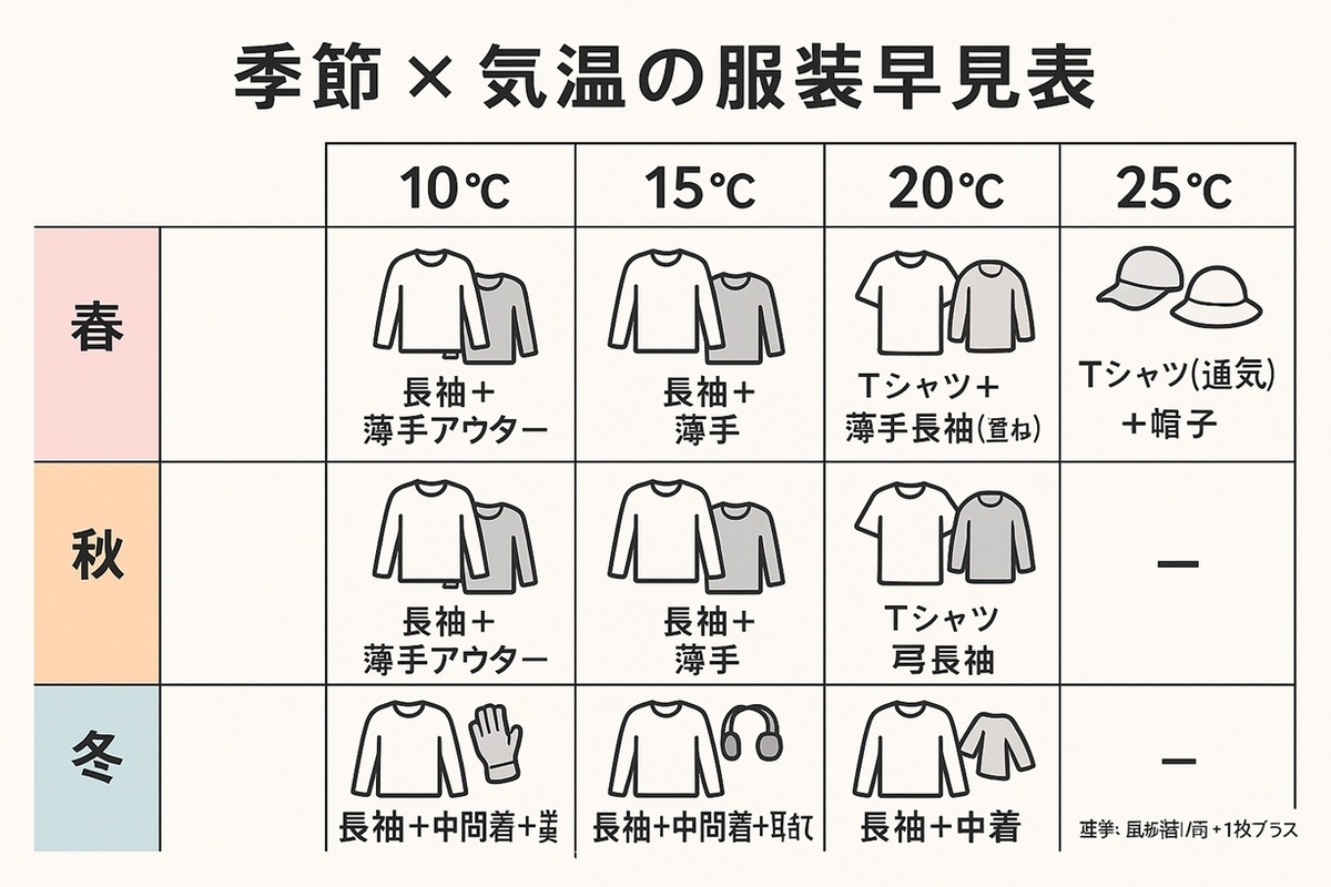 遠足の季節×気温の服装早見表(10℃/15℃/20℃/25℃に応じた春・秋・冬の重ね着例)
