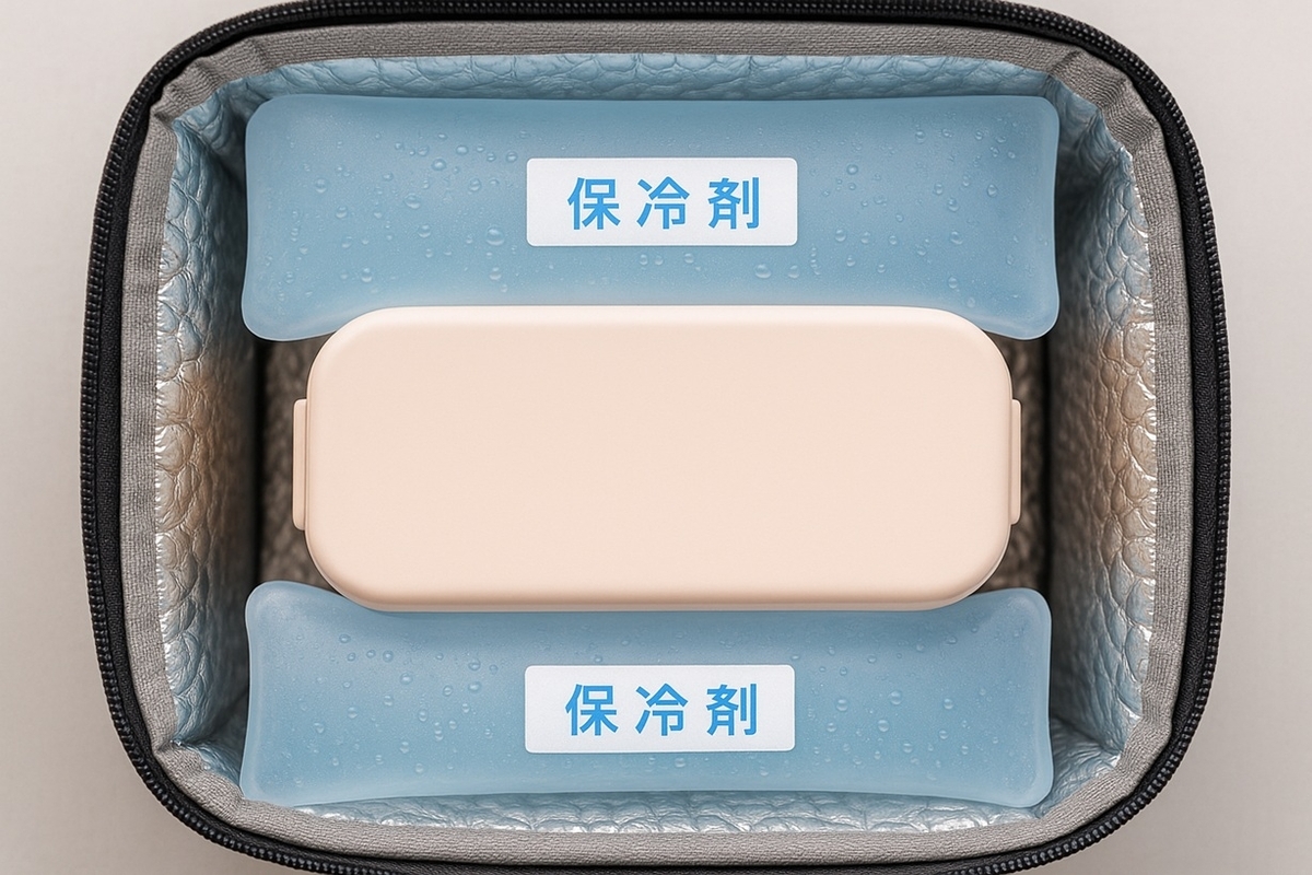 弁当箱を保冷剤で上下から挟む配置例(遠足時の温度管理)