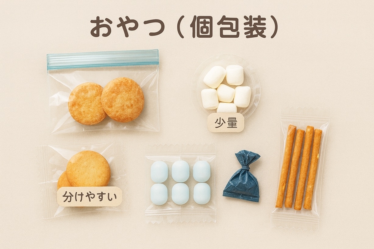 遠足のおやつ例:分けやすい個包装の少量セット(ベタつかずゴミが少ない)