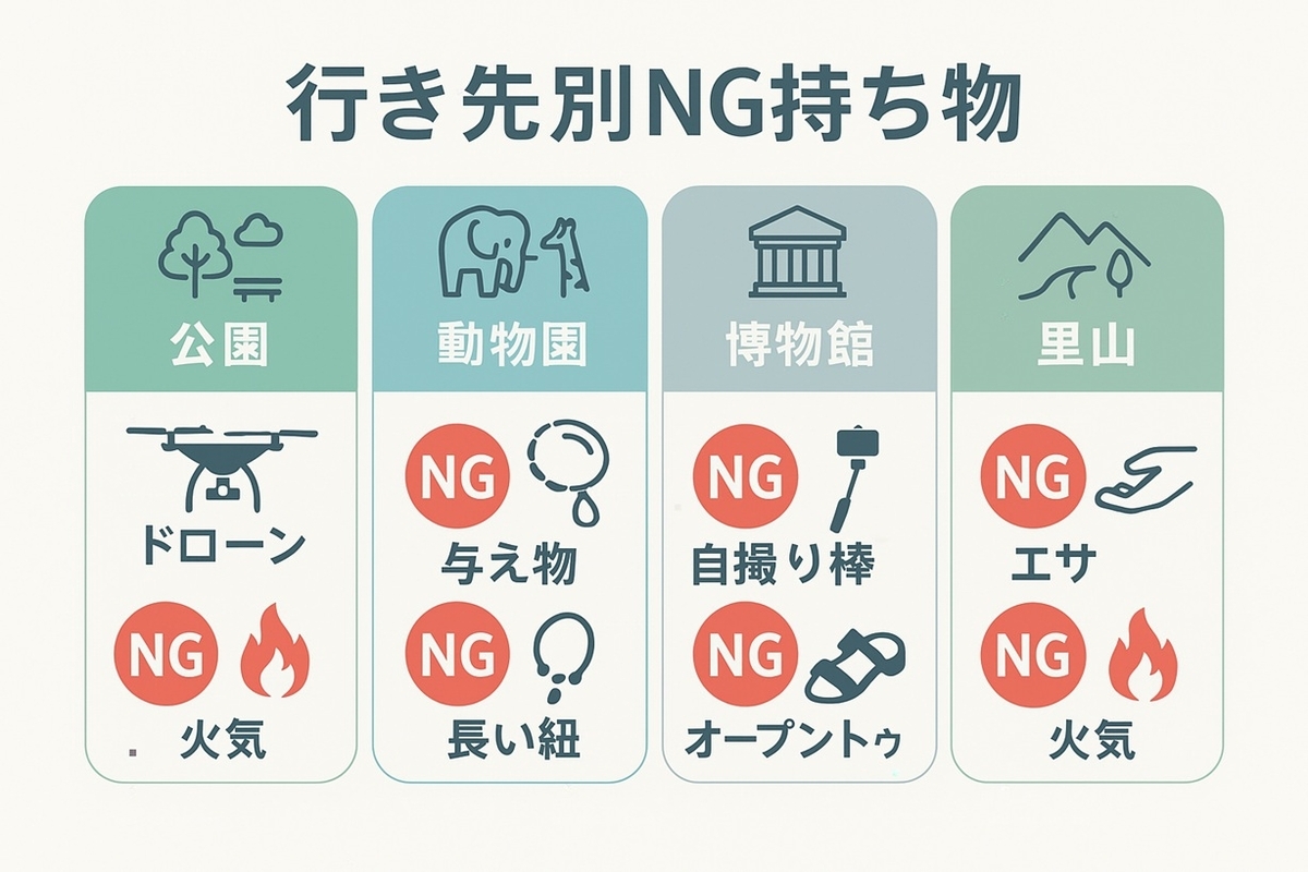行き先別のNG持ち物:動物園は与え物・長い紐、博物館は自撮り棒や三脚、工場はアクセやオープントゥなど