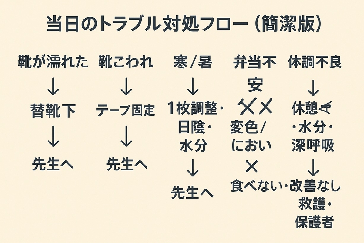 遠足当日のトラブル対処の判断フロー:靴の破損、寒暖差、弁当の衛生、電池切れ、体調不良の対処