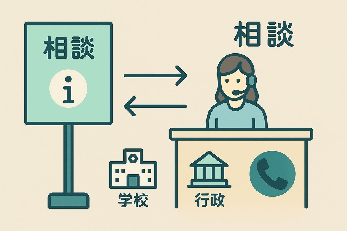 学校や公的窓口に相談するイメージ（案内板と相談のアイコン）