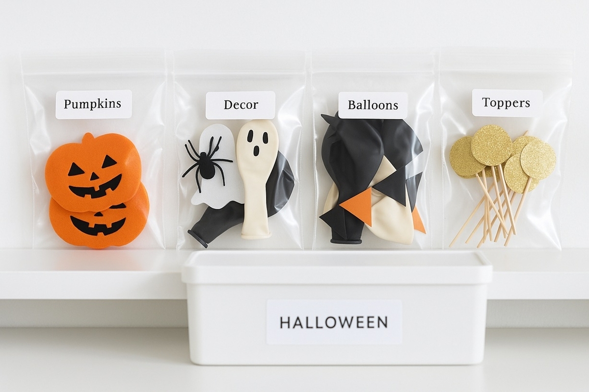 ハロウィン小物の分類収納とラベル例(OPP袋でカテゴリ分け)