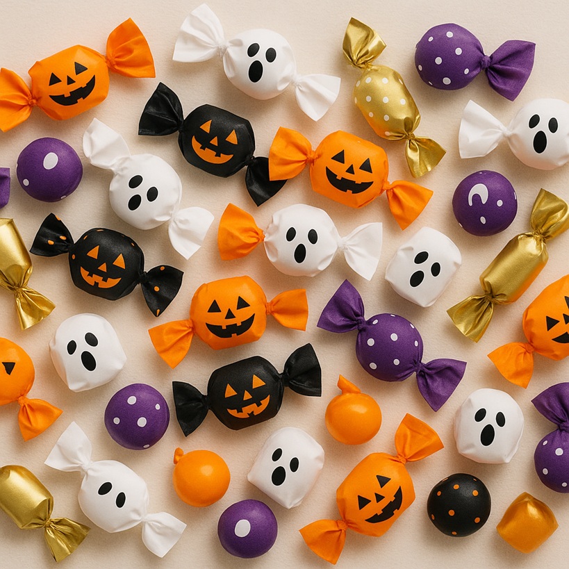 ジャック・オー・ランタン柄のラッピングを中心にしたキャラ系お菓子のイメージ