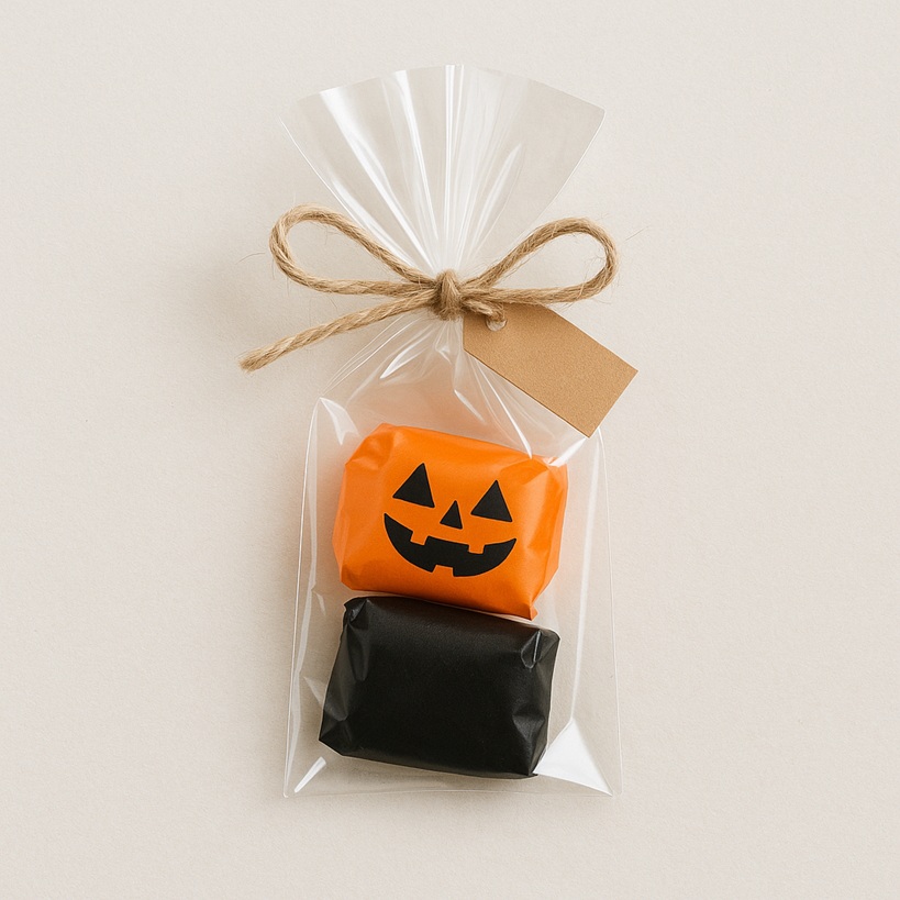 個包装菓子をOPP袋に2個入れて麻ひもで結んだ配布用ラッピングの見本