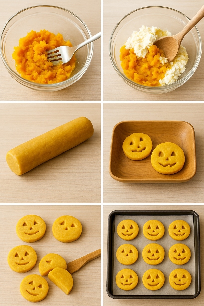 かぼちゃクッキーの5工程を並べた視覚ガイド（つぶす・混ぜる・まとめる・切る・焼く）