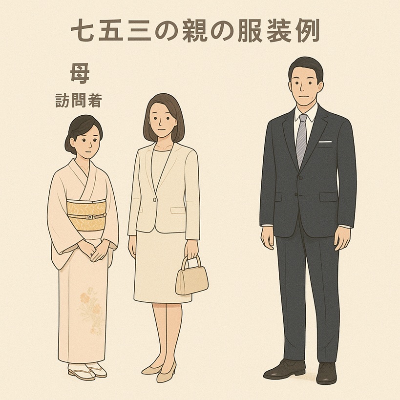 七五三の親の服装例（母：訪問着やセレモニースーツ／父：ダークスーツ）