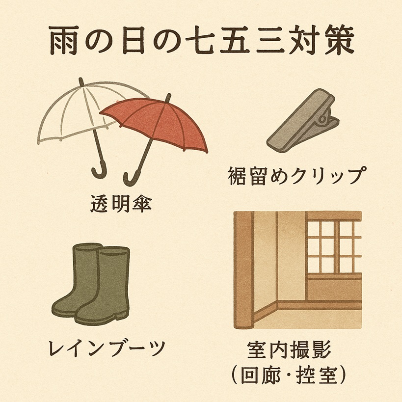 七五三の雨天対策図（透明傘・裾留めクリップ・レインブーツ・室内撮影案）