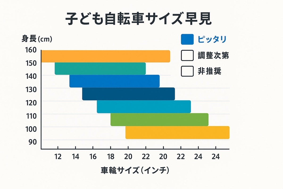 身長95〜155cmに対する12〜24インチの適合帯を示す子ども自転車サイズ早見インフォグラフィック