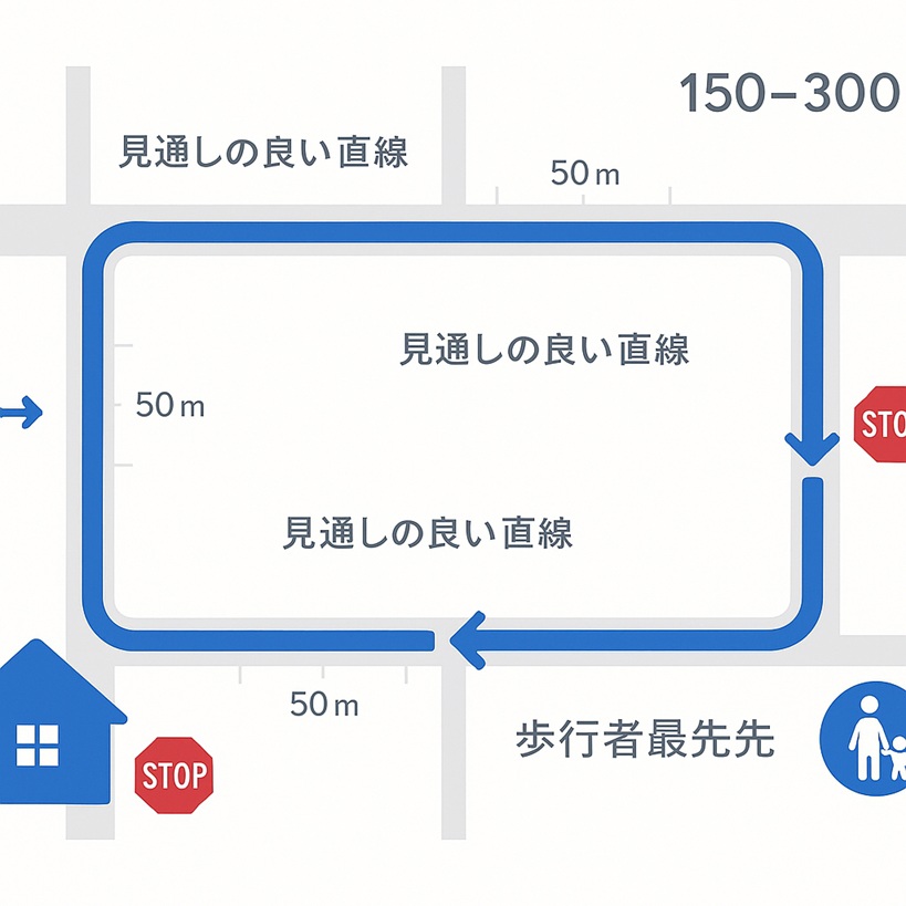 家の周囲で見通しの良い直線と一時停止を含む150–300mの周回ルート例の模式図