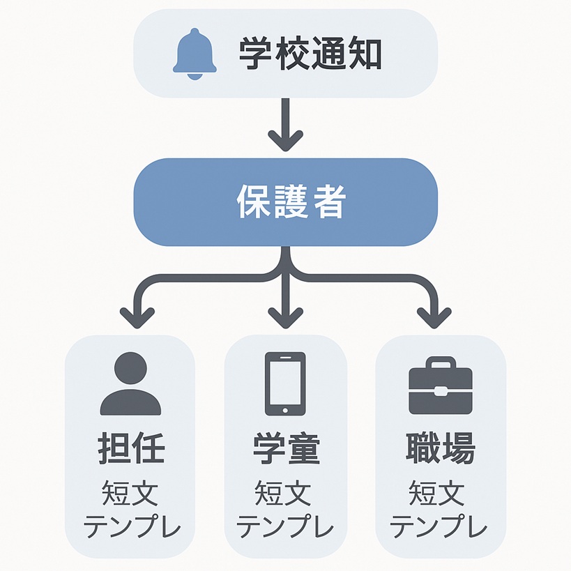 学校通知を起点に担任・学童・職場へ短文で連絡するフロー図