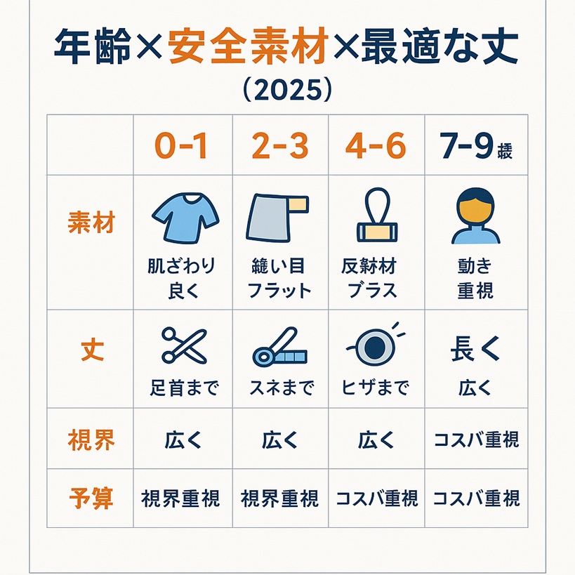 年齢別の仮装選び早見図：素材・丈・視界・予算の要点を一枚で整理（0–1/2–3/4–6/7–9/10歳〜）