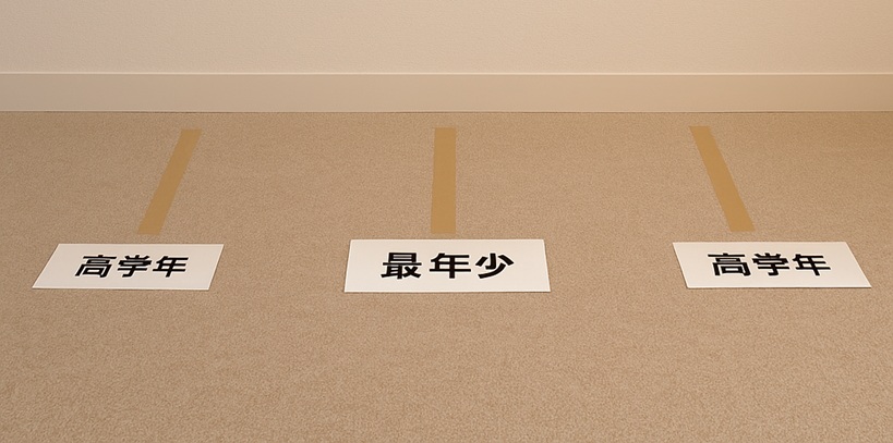床テープで並び位置を示す撮影準備：中央に最年少・両端に高学年