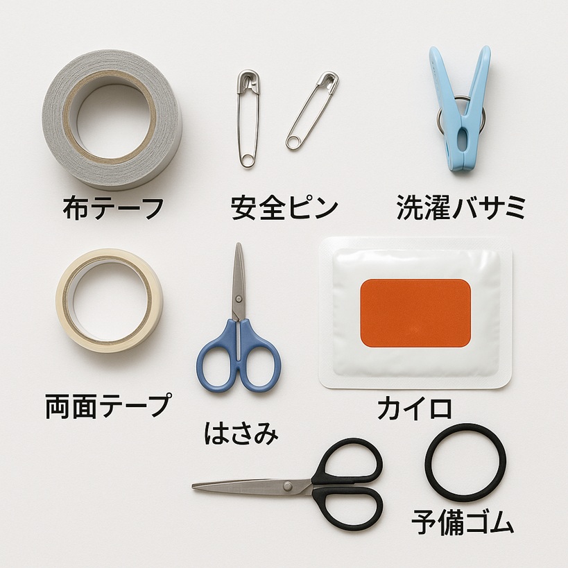 当日トラブル用の緊急キット：布テープ・安全ピン・洗濯バサミ・両面テープ・はさみ・カイロ・予備ゴム