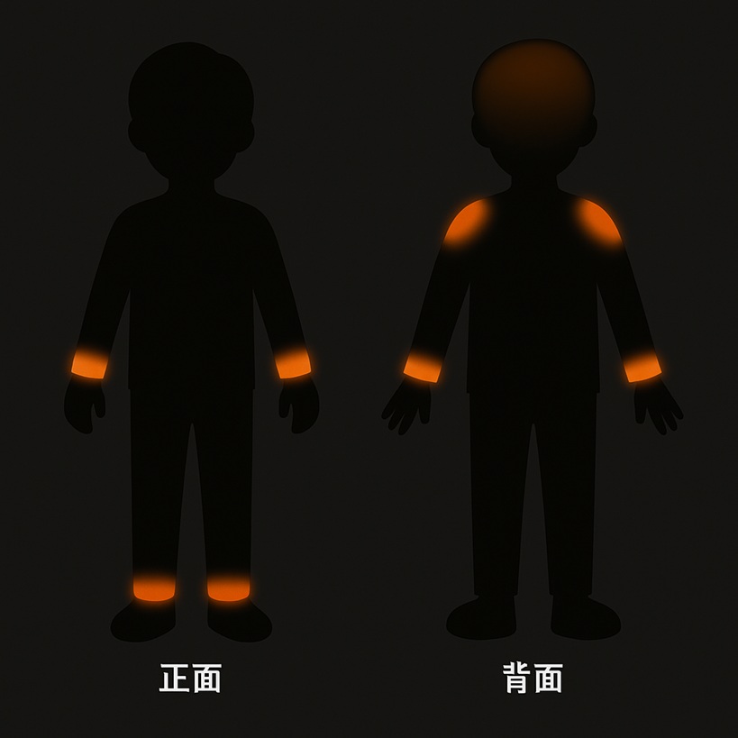 夜間の反射材が効く位置：肩・袖口・靴を重点に配置したヒートマップ