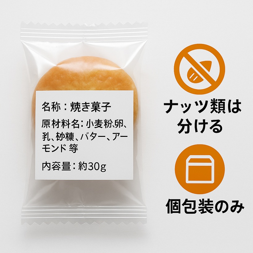 個包装のお菓子の原材料ラベルを確認する手順例（ナッツ類は分けて配布）
