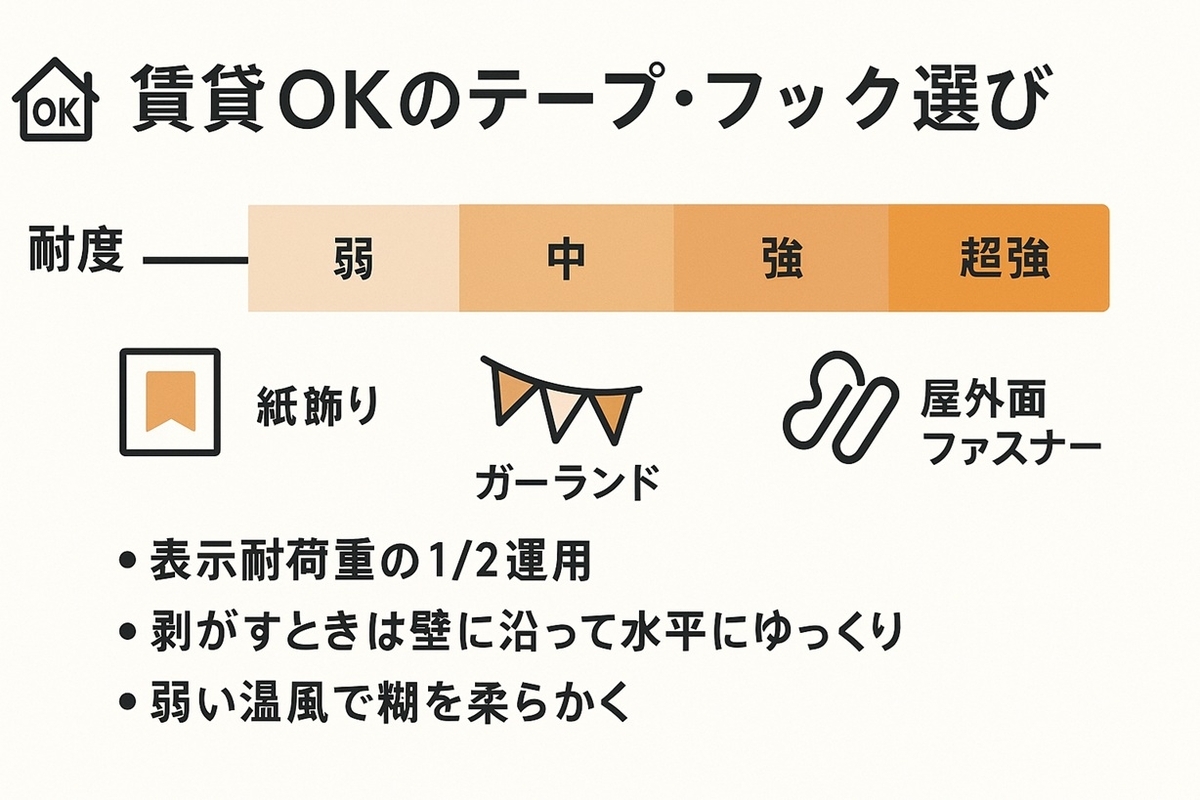 賃貸OKのテープ・フック選び|用途別と耐荷重1/2運用の目安