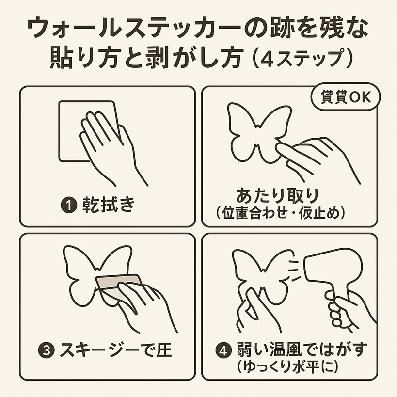 ウォールステッカーの跡を残さない貼り方と剥がし方(4ステップ)