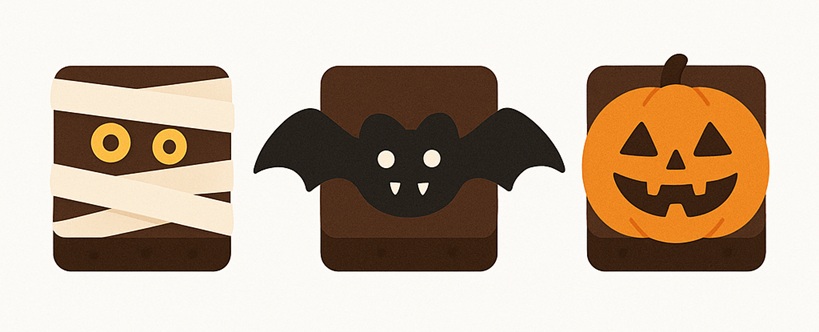 ハロウィン用ブラウニーデコ3案（ミイラ・こうもり・パンプキン）
