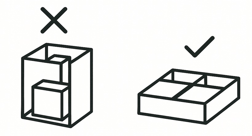 お菓子の持ち運びのNG/OK比較（深箱縦積み vs 浅箱平置き）