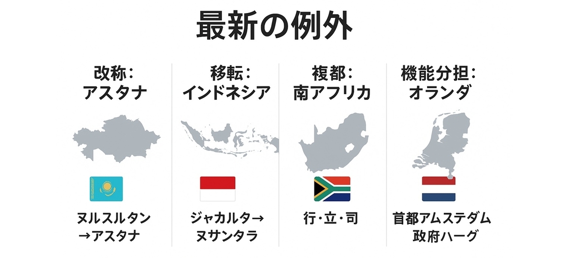 世界の国と首都の「最新の例外」早見表（アスタナ改称・ヌサンタラ移転・南ア三都制・オランダの機能分担）