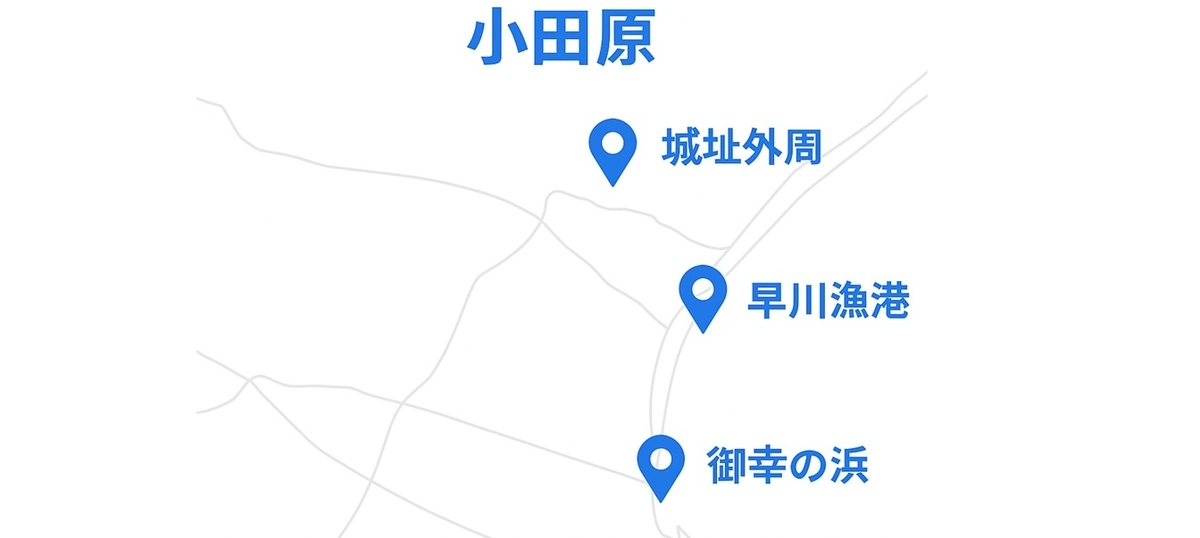 小田原（城址外周・早川漁港・御幸の浜）の位置関係