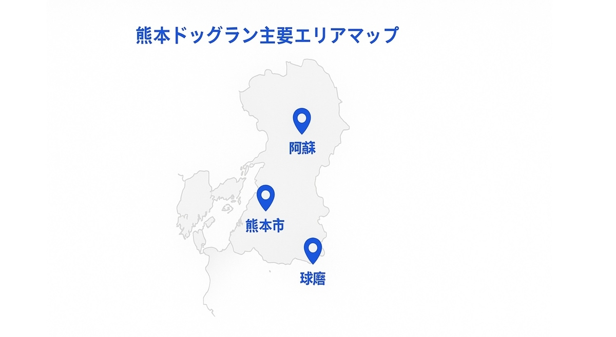 熊本市・阿蘇・山鹿・球磨のドッグラン主要エリア位置関係マップ