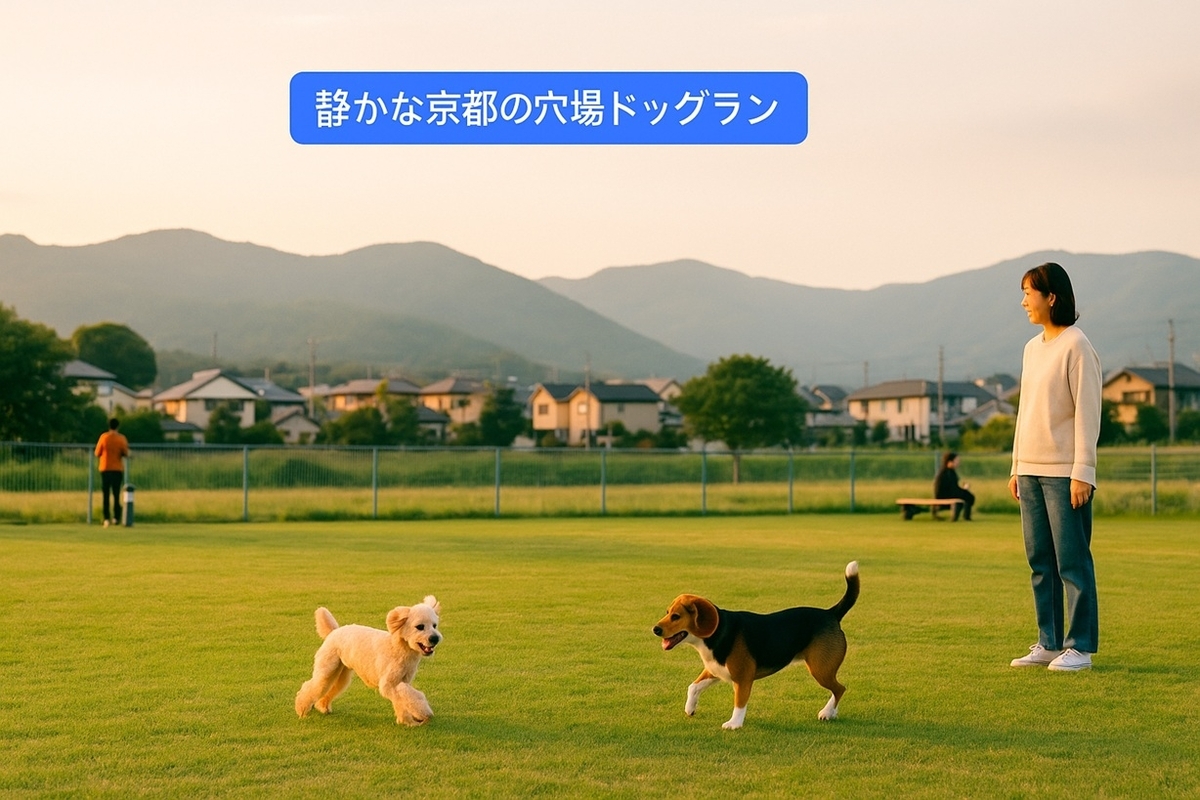 人が少なく落ち着いた雰囲気の京都の穴場ドッグランで静かに遊ぶ犬と飼い主の様子