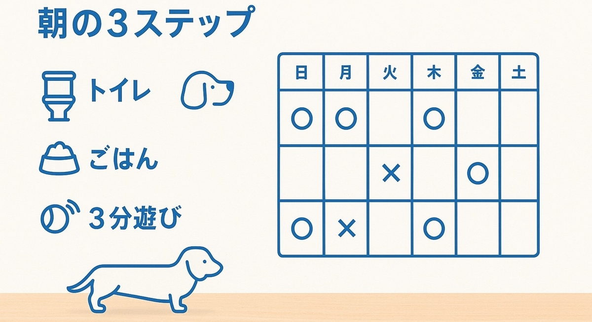 ミニチュアダックスとの朝の3ステップと、できた日に◯をつける1週間カレンダーで習慣化を促すイメージ図