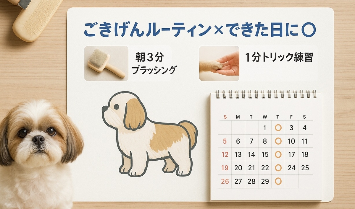シー・ズーとの毎日のごきげんルーティンと「できた日だけ◯をつける」カレンダーを組み合わせた脳科学的習慣づくりボード