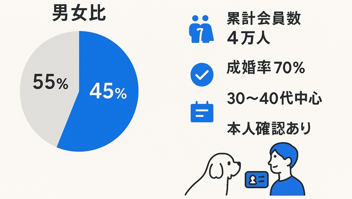 会員数・男女比・成婚率・年齢層などオンライン結婚相談所ペット婚の特徴をまとめたデータボード