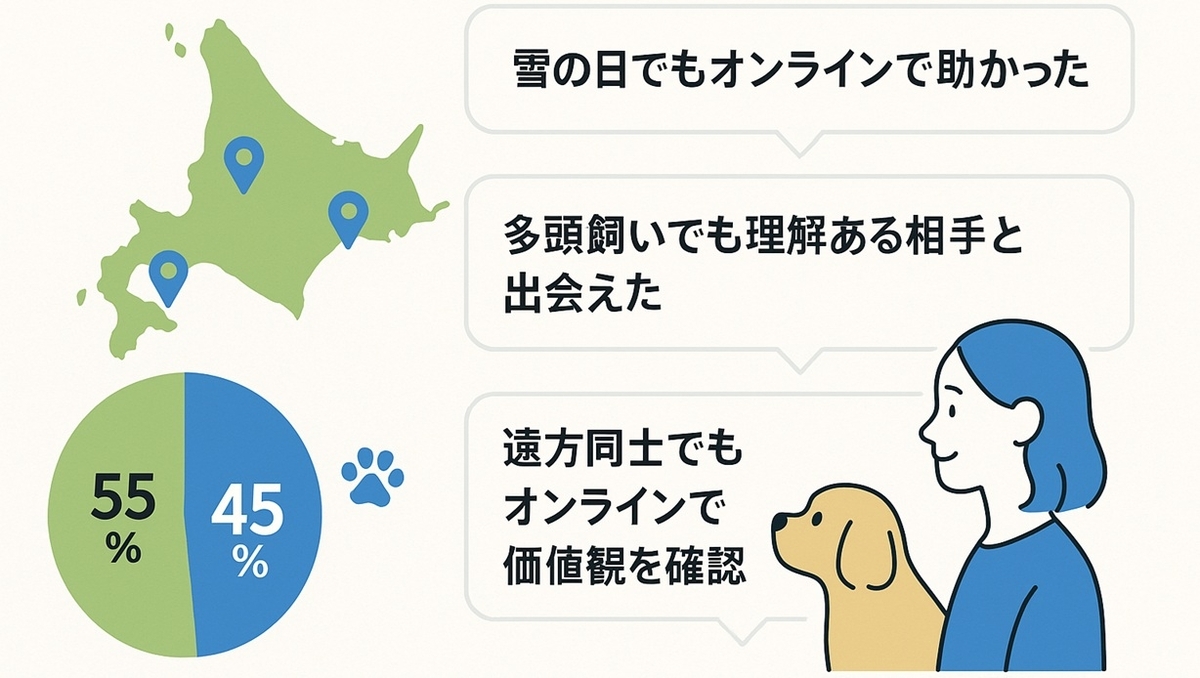 北海道各地の犬好き女性から寄せられたペット婚の口コミをイメージしたレビュー風ボード
