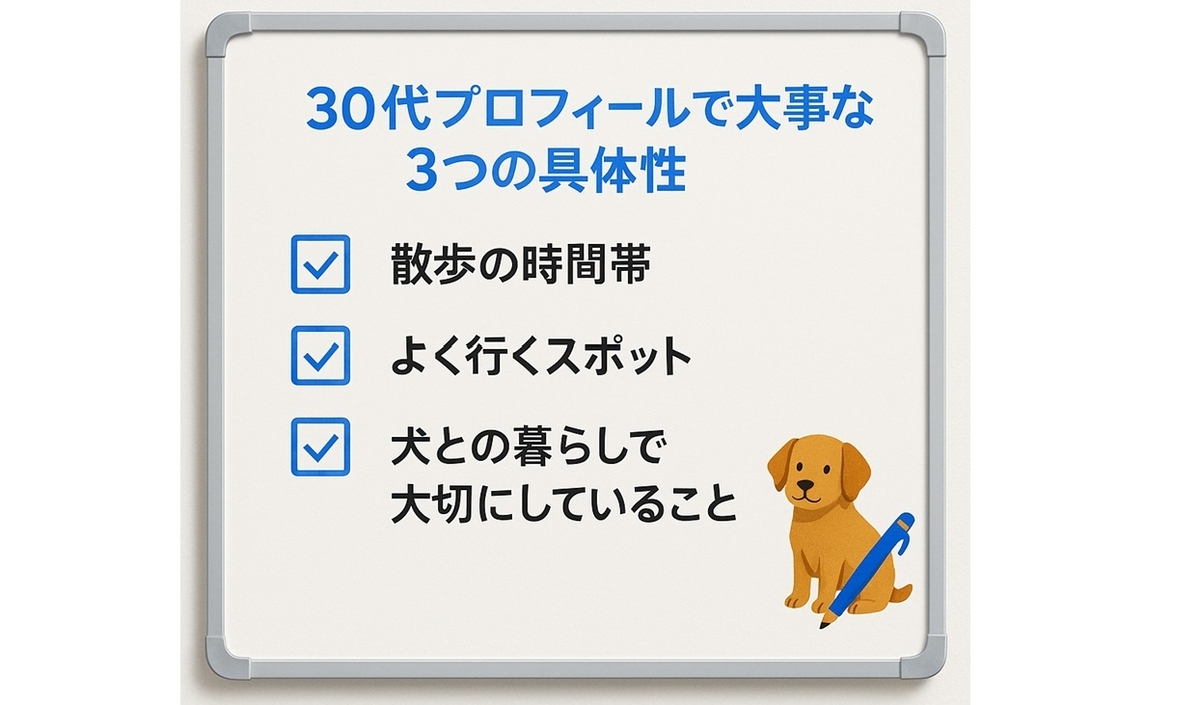 30代の婚活プロフィールで意識したい具体性として「散歩の時間帯」「よく行くスポット」「犬との暮らしで大切にしていること」をまとめたチェックリスト