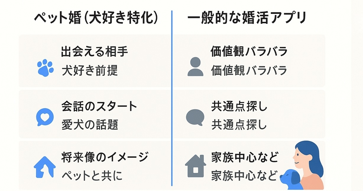 ペット婚と一般的な婚活サービスの違いを「出会える相手」「会話のスタート」「将来像のイメージ」などの観点で比較したボード