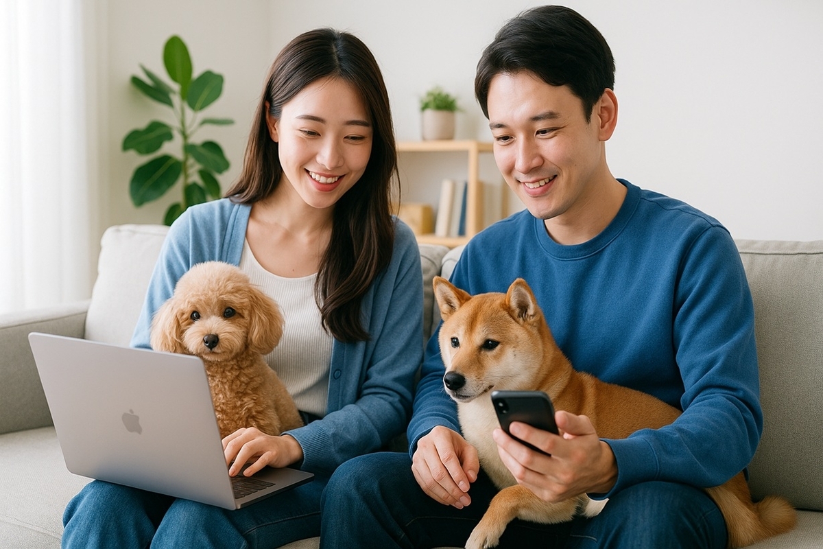 20代の男女が愛犬と一緒にリビングでオンライン婚活サービスを使っているイメージ写真