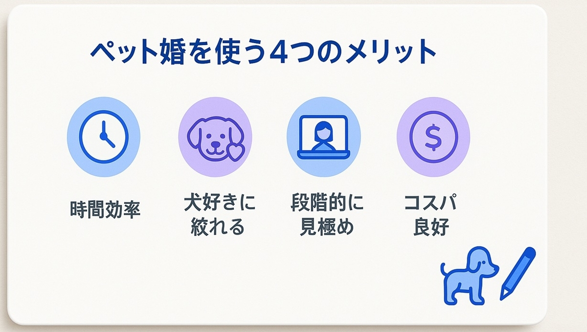ペット婚のメリットとして時間効率や犬好きに絞れることなど4つのポイントを整理したインフォグラフィック