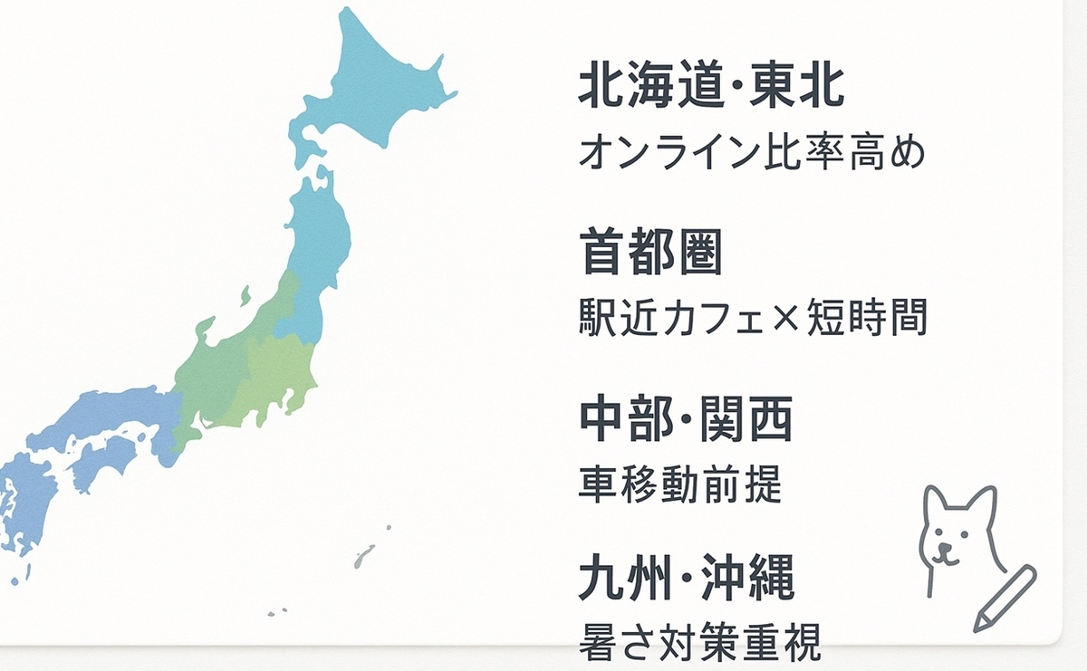北海道から沖縄まで4つのエリアに分けて、20代犬好きの出会い方の特徴をまとめた日本地図ボード