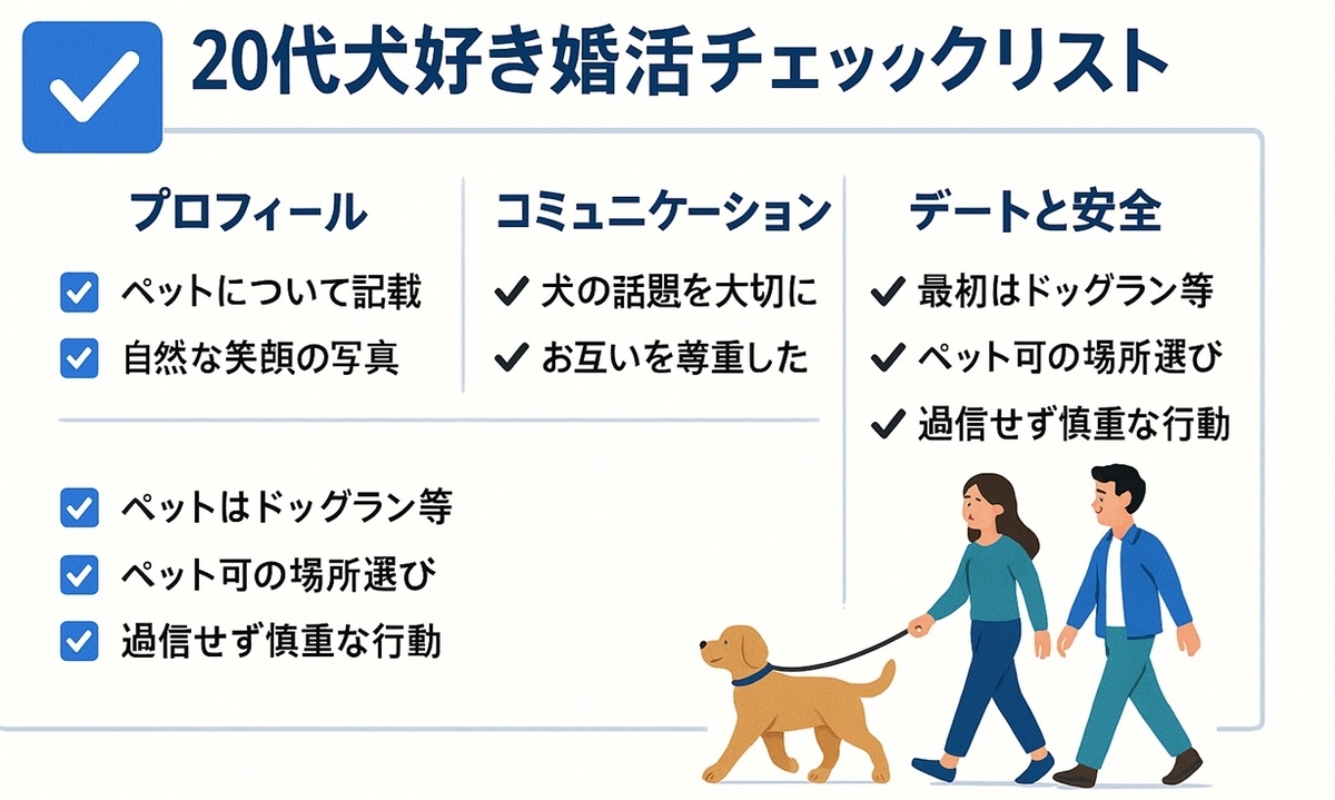 プロフィール・コミュニケーション・デートと安全の3分野から20代犬好き婚活のポイントを確認できるチェックリストボード