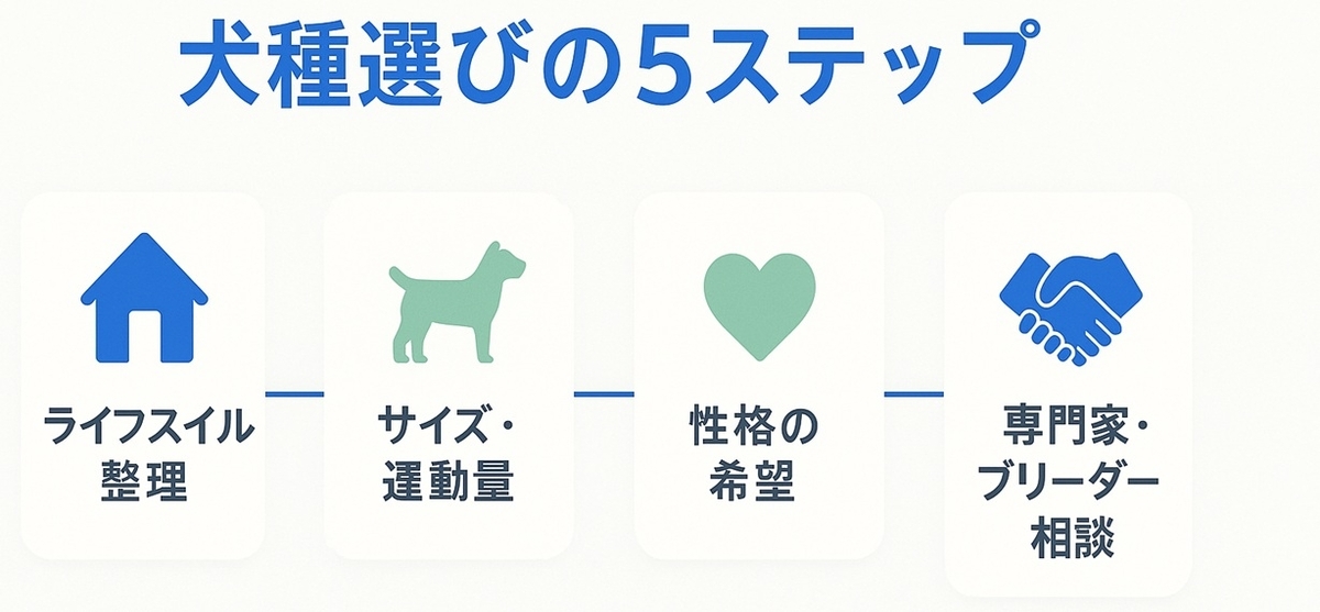 犬種選びの5ステップをタイムラインで示した図解ボード（ライフスタイル整理から専門家相談までの流れ）